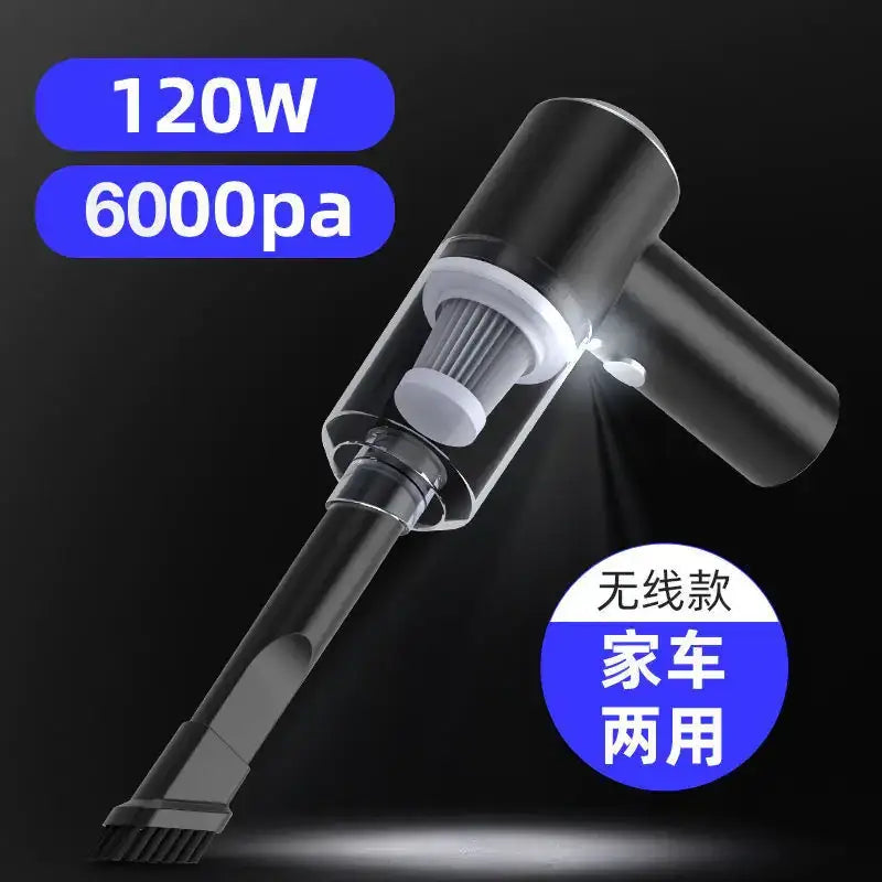 Black wireless handheld vacuum cleaner with transparent dust collection chamber and white filter, designed for both home and car use.