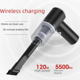 Black handheld wireless vacuum cleaner with a transparent dust collection chamber and brush attachment.