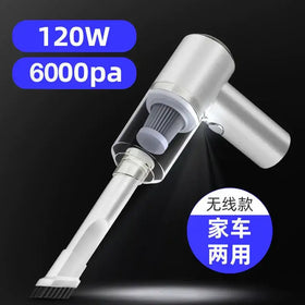 Silver and white handheld vacuum cleaner with a transparent dust collection chamber, designed for both home and car use.