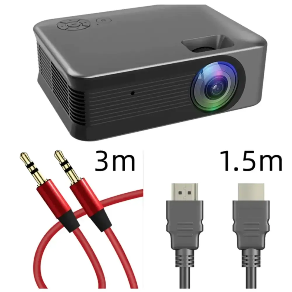 Black compact projector with a colorful lens and ventilation slits on the side.