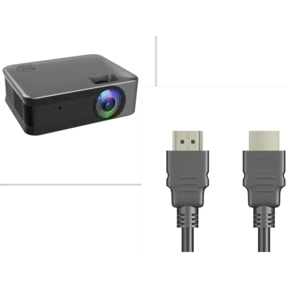 Black rectangular portable projector with a colorful lens and ventilation slits on the side.