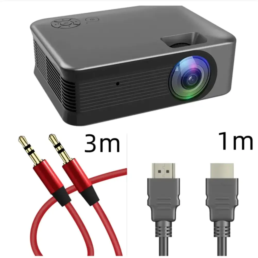 Black compact projector with a colorful lens and ventilation slits on the side.