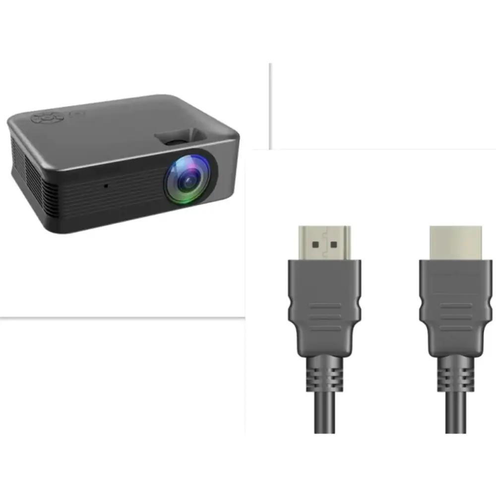 Black rectangular portable projector with a circular lens emitting rainbow light and ventilation slits on the side.