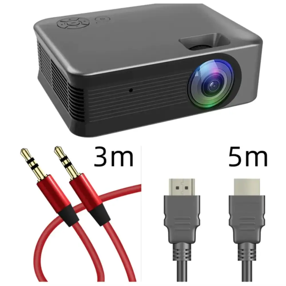 Black compact projector with a colorful lens and ventilation slits on the side.