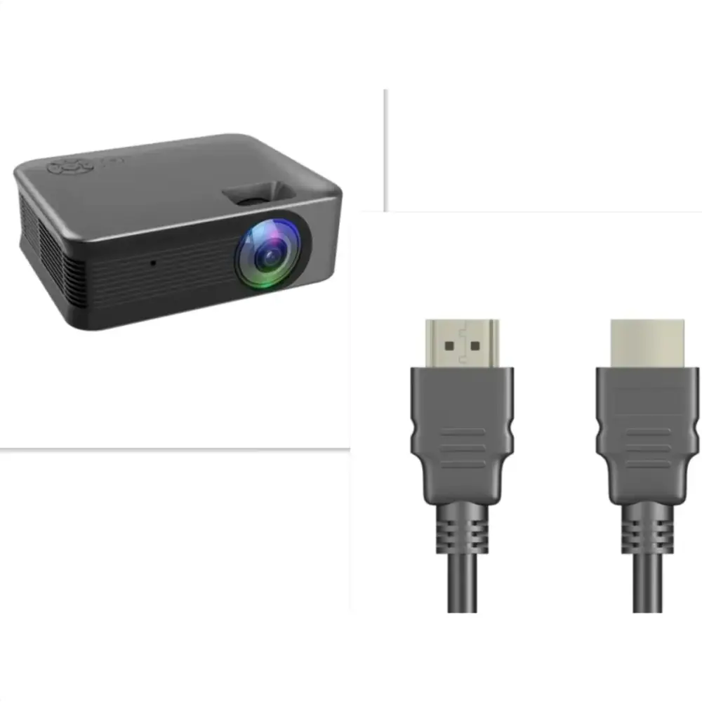 Black rectangular portable projector with a circular lens emitting rainbow light and ventilation slits on the side.