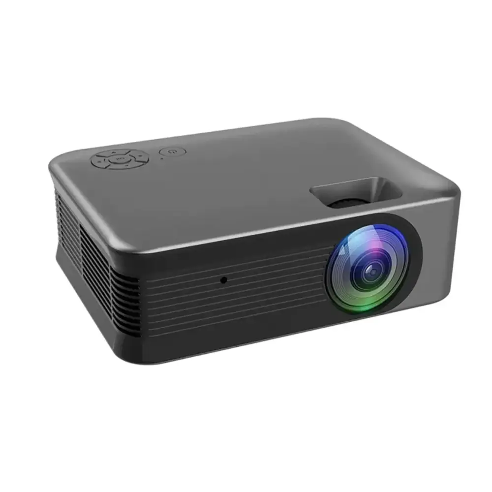 Black rectangular projector with a circular lens emitting rainbow light and control buttons on the top.