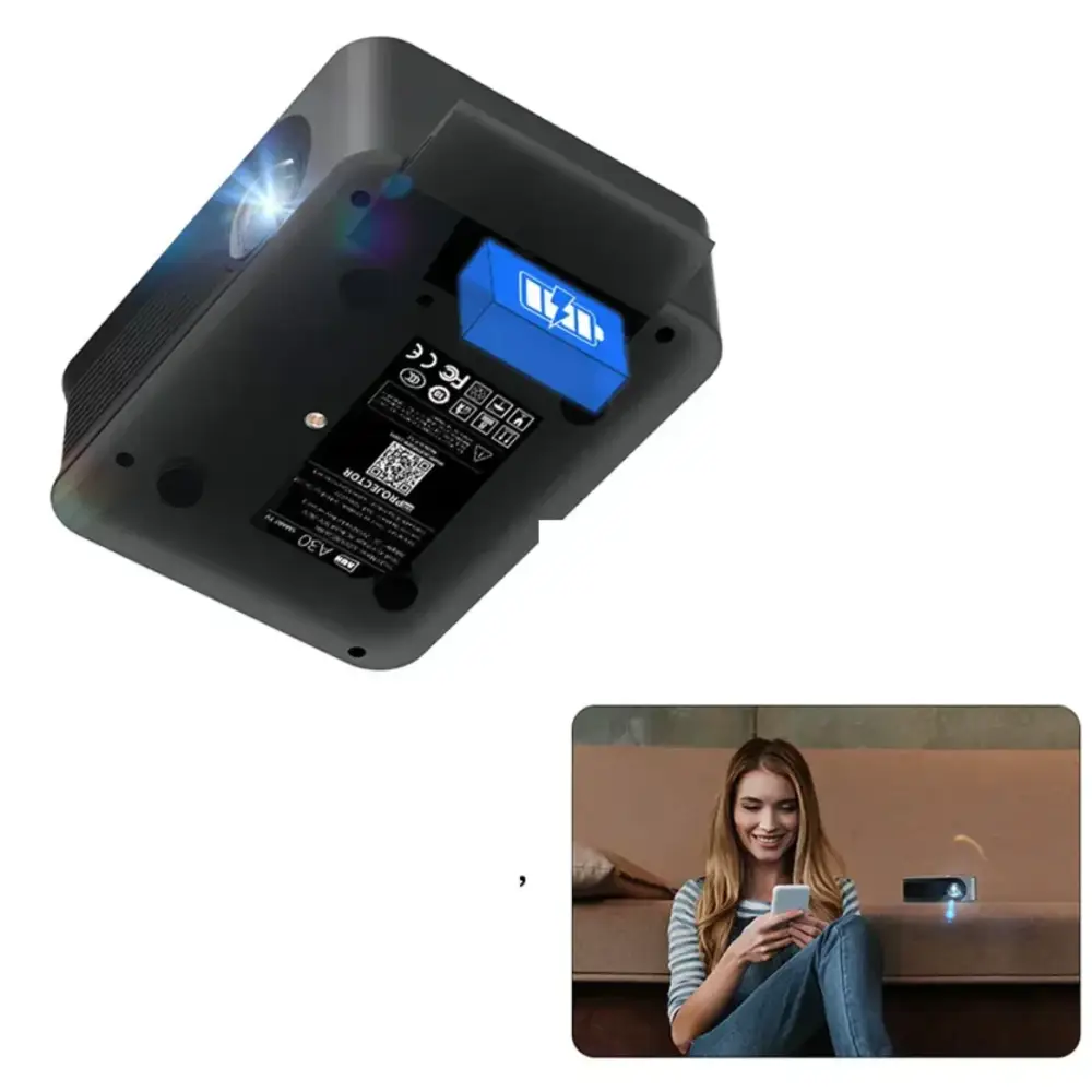 Black compact projector with a blue battery indicator light on its back panel.