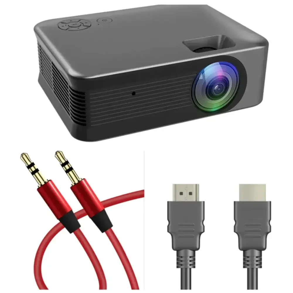 Black compact projector with a colorful lens and ventilation slits on the side.