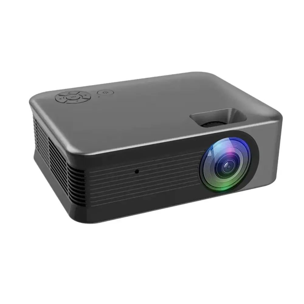 Black rectangular projector with a glossy finish, featuring a prominent lens that displays vibrant rainbow hues and control buttons on the top surface.