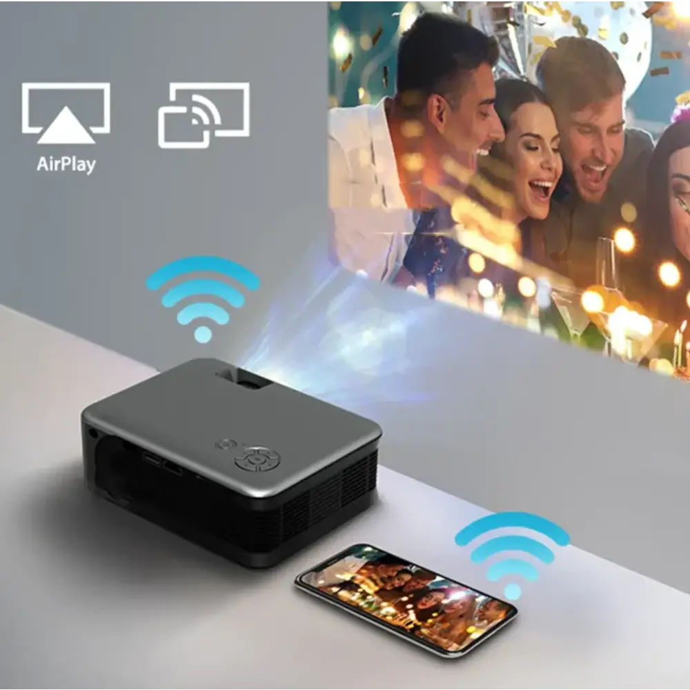 Compact black and silver wireless projector with airplay compatibility.
