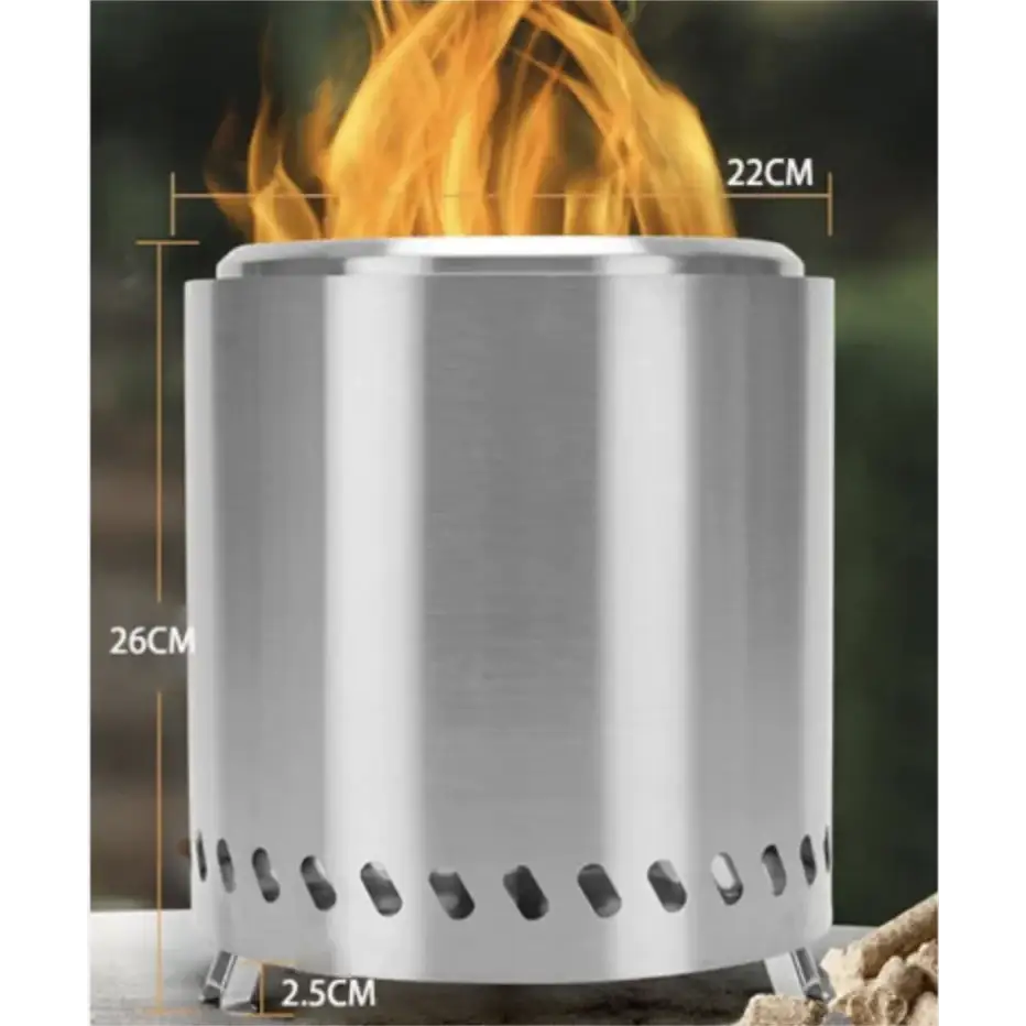 Silver stainless steel cylindrical portable campfire stove with flame burning inside.