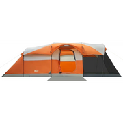Orange and gray camping tent with a mesh side panel.