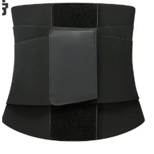 Black elastic waist trainer belt with adjustable velcro straps and a central padded panel.