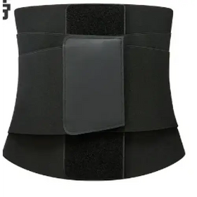 Black elastic waist trainer belt with adjustable velcro straps and a central padded panel.
