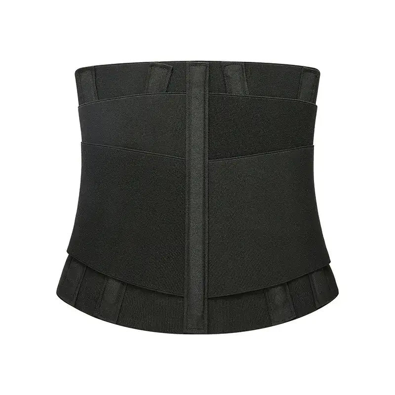 Black elastic waist trainer belt with a structured, segmented design and adjustable straps.