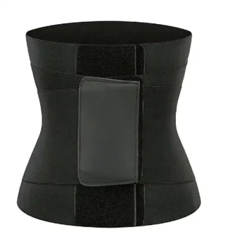 Black elastic waist trainer with a central velcro closure and padded sections for support.