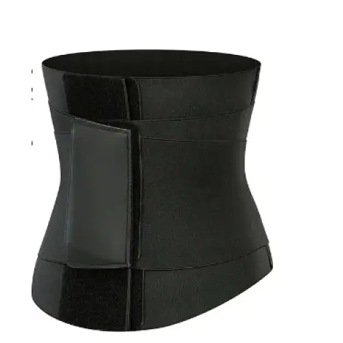 Black waist trainer with a sleek, form-fitting design and adjustable velcro straps.