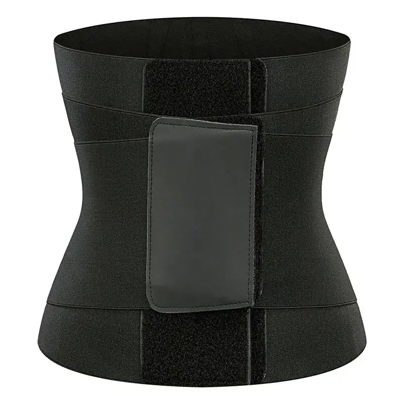 Black elastic waist trainer with a central velcro closure and padded panel.