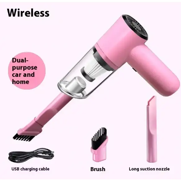 Pink wireless handheld vacuum cleaner with transparent dust collection chamber and interchangeable pink attachments.