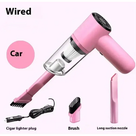 Pink handheld car vacuum with transparent dust collection chamber and multiple attachments.