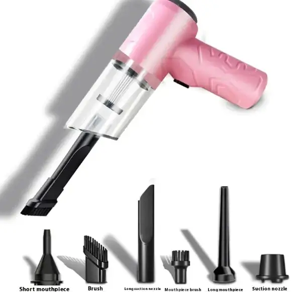 Pink and transparent handheld vacuum cleaner with black attachments.