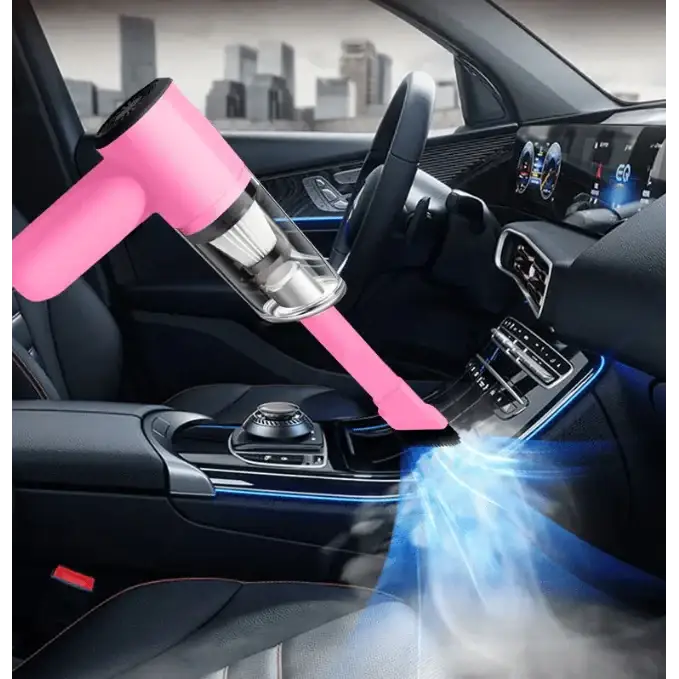 Pink handheld vacuum cleaner with a transparent dust collection chamber and black accents.