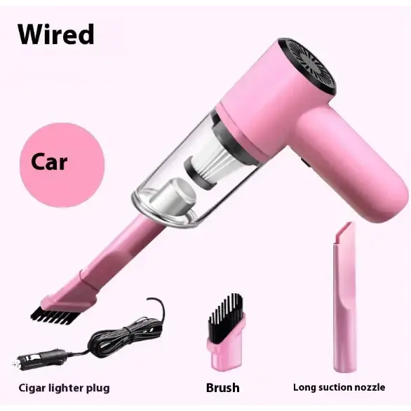Pink handheld car vacuum with transparent dust collection chamber and multiple attachments.