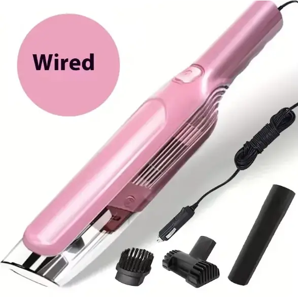 Pink wired car vacuum cleaner with chrome nozzle and black attachments.