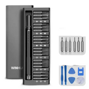 Black plastic screwdriver set with 24 precision bits and blue pry tools in a sleek, organized case.