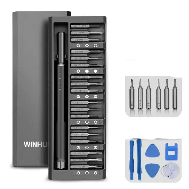 Black plastic screwdriver set with 24 precision bits and blue pry tools in a sleek, organized case.