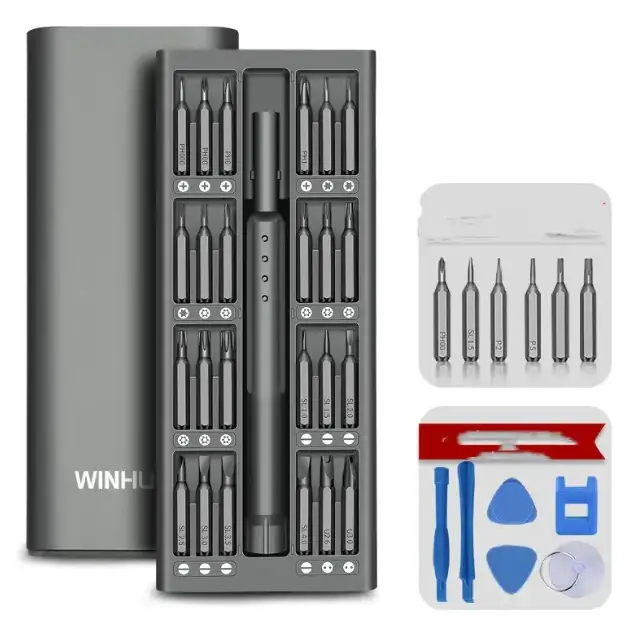 Gray metal screwdriver set with multiple precision bits and blue plastic pry tools in a sleek, portable case.