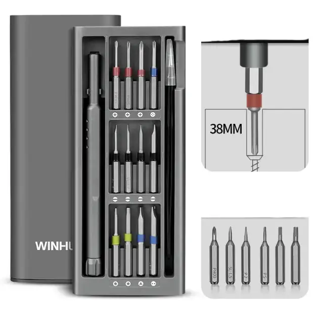 Gray winhua branded screwdriver set with multiple precision bits in a sleek, organized case.