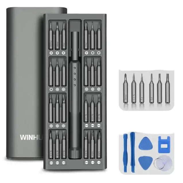 Black winhui precision screwdriver set with organized slots for bits and blue plastic pry tools