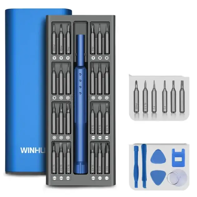 Blue winhu screwdriver set with 30 precision bits and tool inserts in a gray case.