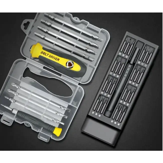 Yellow and black boltdriver precision screwdriver set with multiple interchangeable bits in clear plastic case.