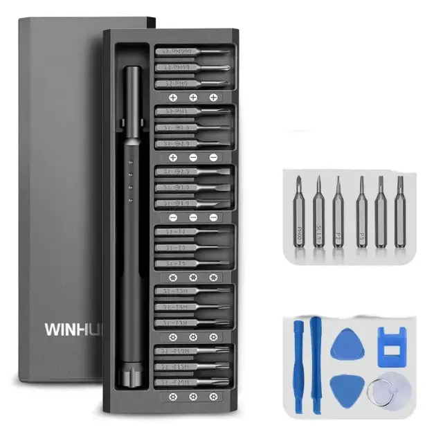 Black winhui precision screwdriver set with 27 bits and blue plastic pry tools in a sleek, organized case.