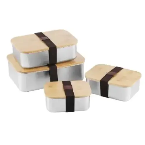 Set of four rectangular bento boxes with bamboo lids and dark brown fabric straps, featuring a sleek stainless steel body.