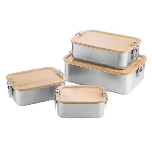 Set of four rectangular stainless steel food storage containers with light wood lids and metal clasps.