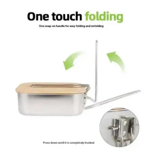 Stainless steel rectangular lunchbox with a light wood lid and one-touch folding handle.