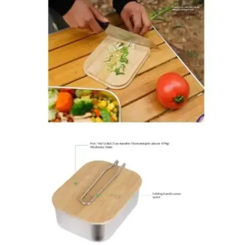 The image shows a stainless steel and bamboo folding food storage container with a sleek, modern design.