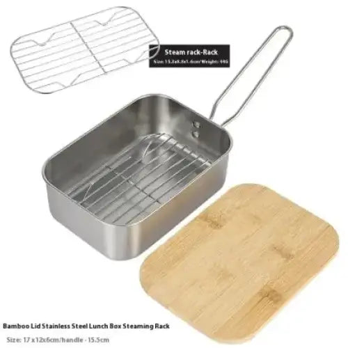 Stainless steel bamboo lid lunch box with a matching steaming rack and wooden lid.
