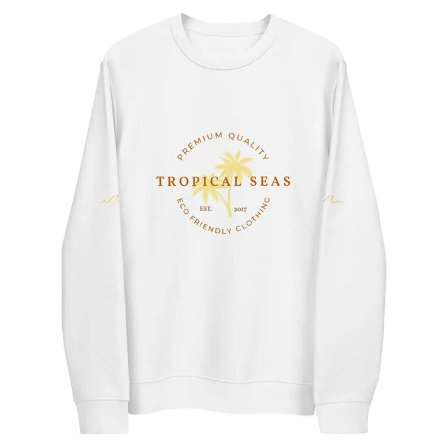 White long-sleeved sweatshirt with a gold circular logo featuring palm trees and the text ’tropical seas’ centered on the chest.