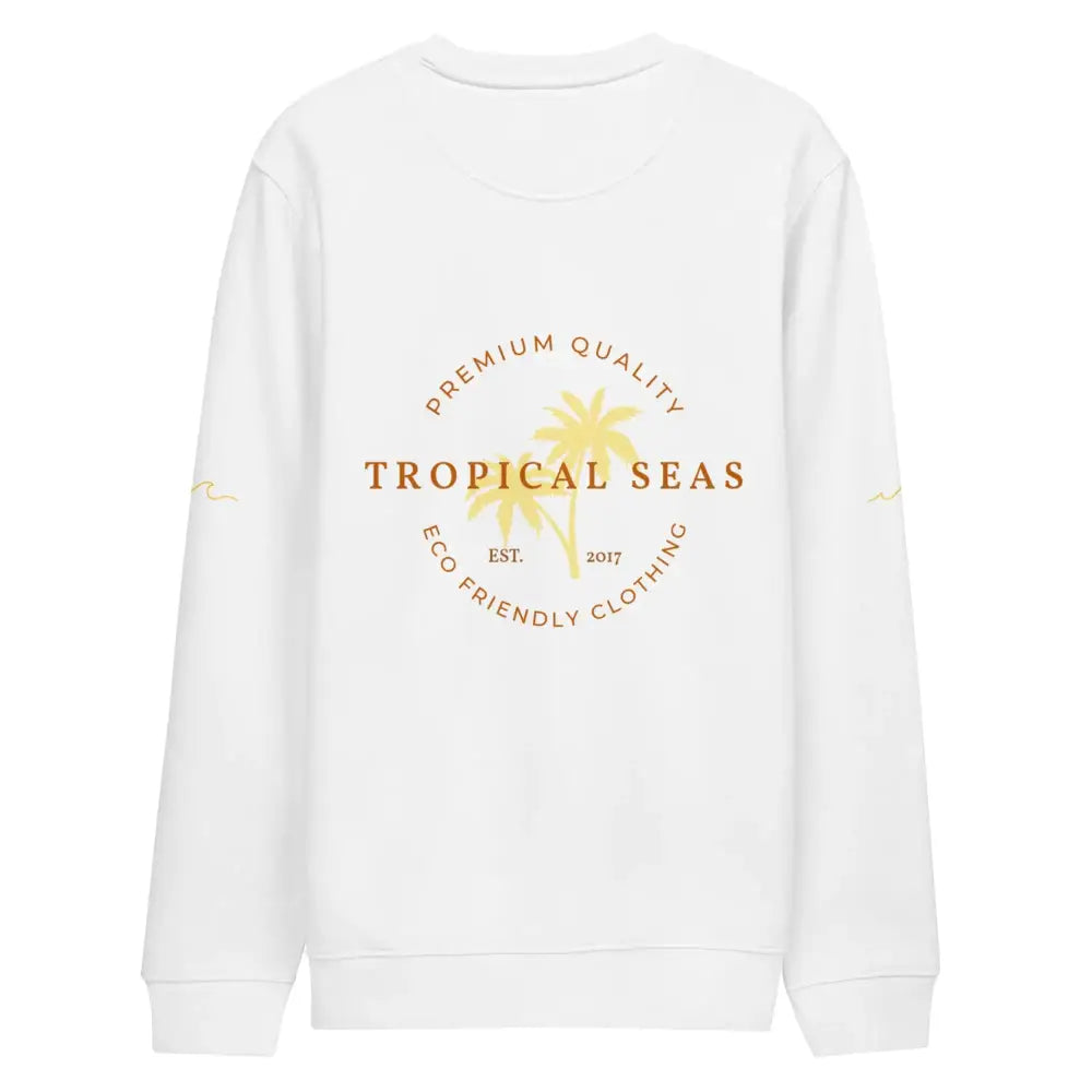 White long-sleeved sweatshirt featuring a gold circular logo with palm trees and the text ’tropical seas’ centered on the back.