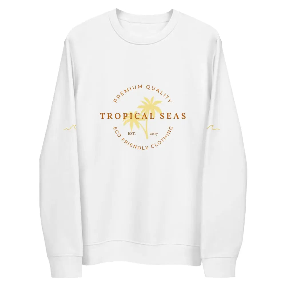 White long-sleeved sweatshirt with a gold circular logo featuring palm trees and the text ’tropical seas’ centered on the chest.