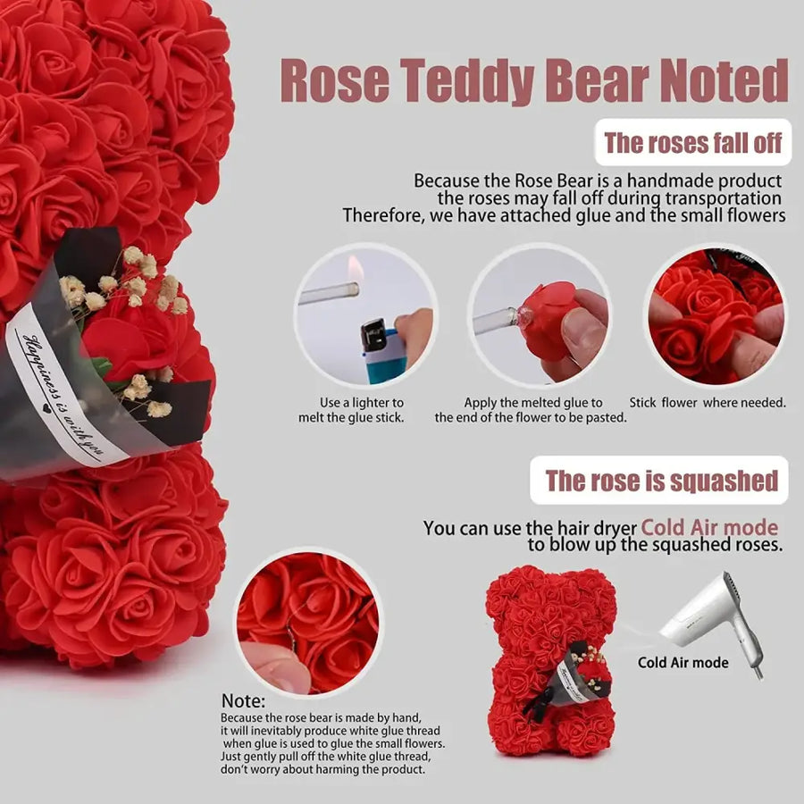 A plush red rose teddy bear made of artificial flowers, designed as a decorative or gift item.