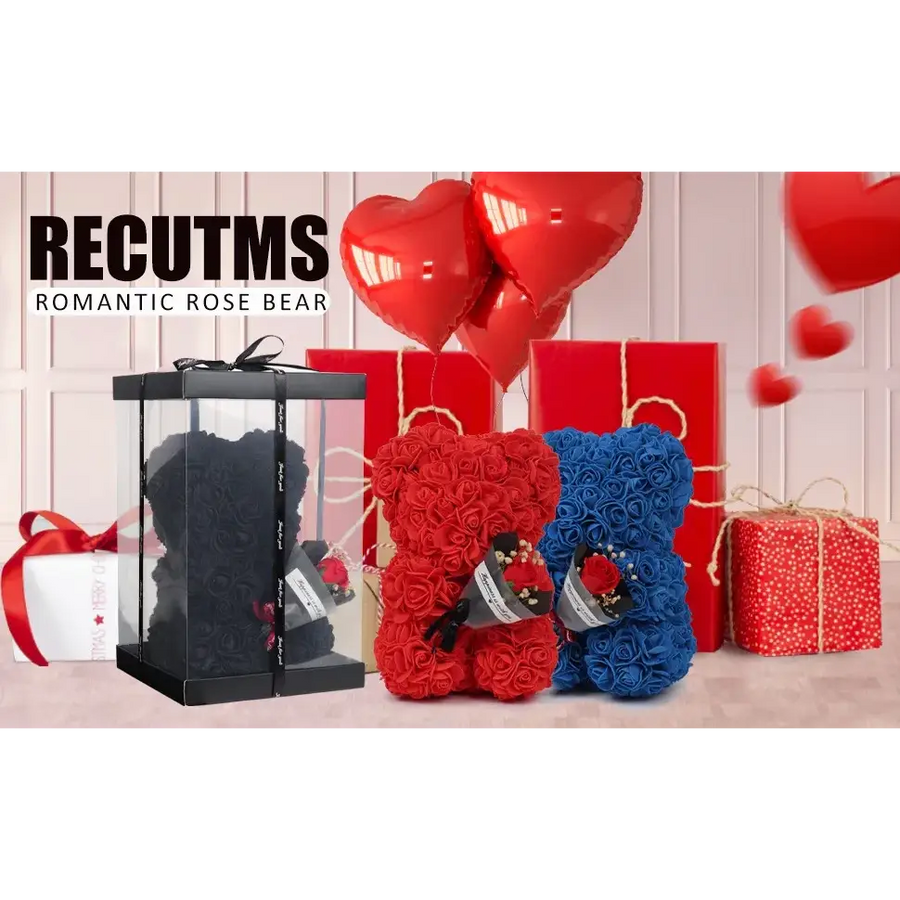 Red and blue rose-covered bear gifts with black ribbon accents.