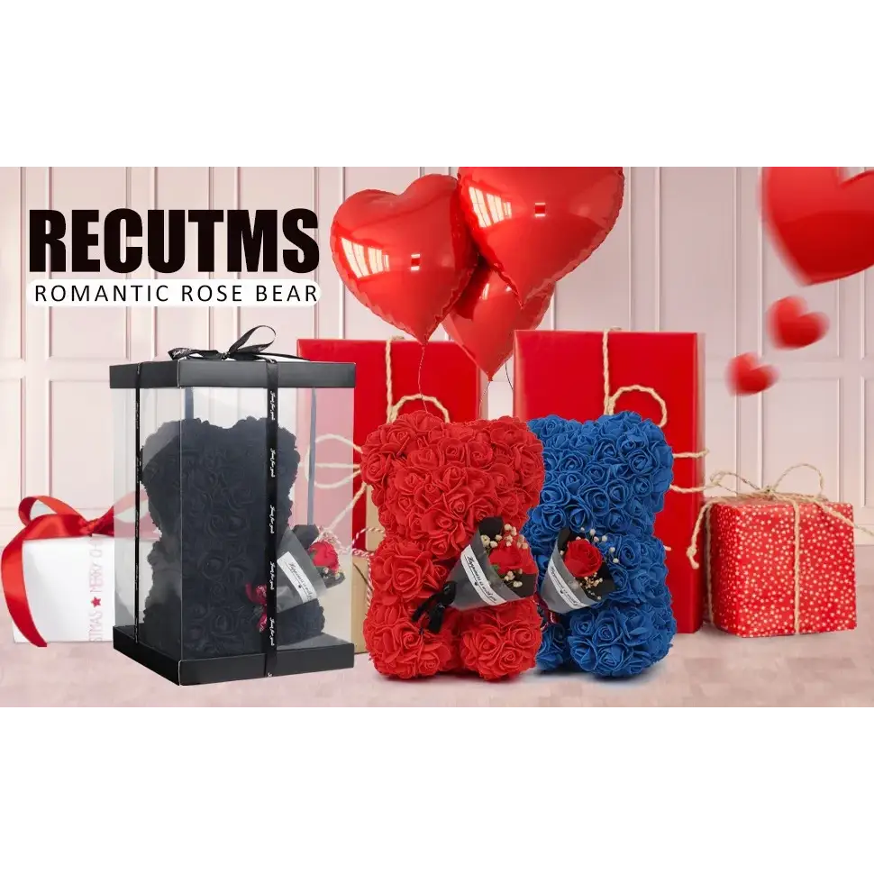 Red and blue rose-covered bear gifts with black ribbon accents.