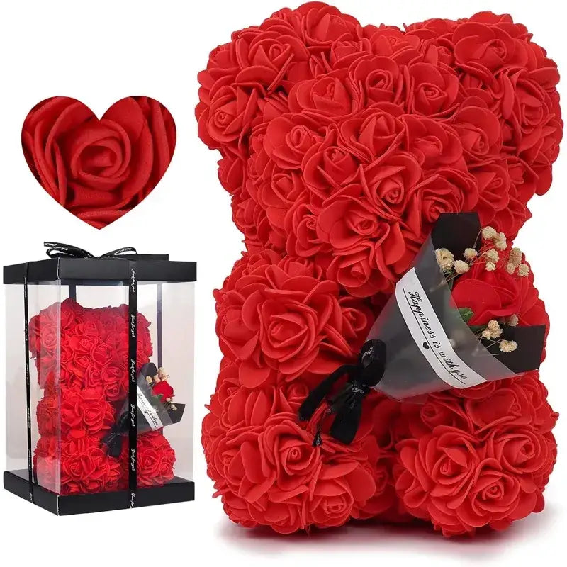 A plush red rose-covered bear, crafted from artificial foam roses with a soft texture and detailed petal design.