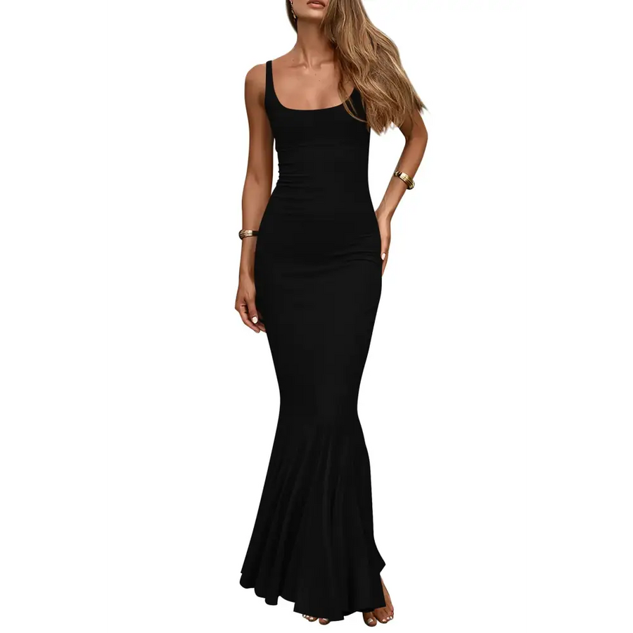 Black sleeveless mermaid-style maxi dress with a square neckline and flared skirt.