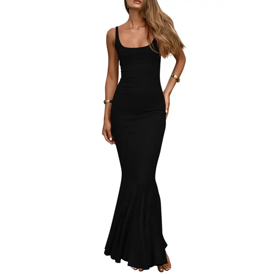 PRETTYGARDEN Womens Summer Bodycon Long Maxi Dress Sleeveless Scoop Neck Ribbed Knit Mermaid Cocktail Party Dresses (BlackSmall)
